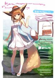 Rule 34 | 1girl, animal ears, bare arms, bare shoulders, blue jacket, blurry, blurry background, blush, brown footwear, brown hair, closed mouth, day, depth of field, dress, fox ears, fox girl, fox tail, hat, head tilt, jacket, original, outdoors, red eyes, shoes, shoulder pads, sleeveless, sleeveless dress, sleeveless jacket, smile, socks, solo, standing, straw hat, tail, white dress, white socks, yuuji (yukimimi)