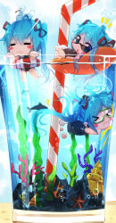 Rule 34 | &gt; &lt;, 3girls, :3, = =, ^^^, animal, animal on head, bird, bird on head, blue eyes, blue hair, blush stickers, chibi, closed eyes, cup, diving mask, drinking glass, drinking straw, goggles, hair ribbon, hatsune miku, long hair, looking at viewer, mini person, minigirl, multiple girls, on head, qys3, ribbon, school swimsuit, sunglasses, swimming, swimsuit, twintails, underwater, very long hair, vocaloid, water