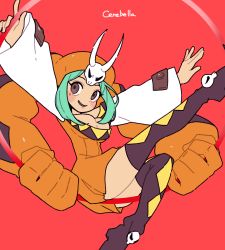 Rule 34 | 1girl, aqua hair, blush stickers, boots, breasts, cerebella (skullgirls), character name, cleavage, hat, iii (artist), large breasts, leg up, long sleeves, open mouth, red background, sidelocks, sitting, skirt, skullgirls, smile, solo, thigh boots, thighhighs, vice-versa (skullgirls)