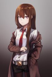 Rule 34 | 1girl, absurdres, anizi, belt, blue eyes, breasts, brown hair, collared shirt, cowboy shot, hand in pocket, highres, jacket, long hair, looking at viewer, makise kurisu, medium breasts, necktie, off shoulder, pantyhose, pantyhose under shorts, red necktie, shirt, shirt tucked in, short shorts, shorts, simple background, solo, steins;gate