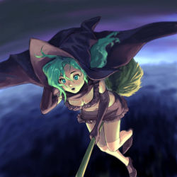 Rule 34 | 1990s (style), 1girl, breasts, broom, broom riding, cleavage, final fantasy, final fantasy vi, green hair, large breasts, outdoors, sky, solo, tina branford, witch