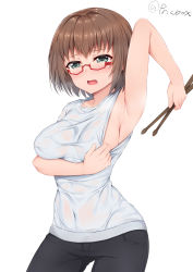 Rule 34 | 10s, 1girl, armpits, bang dream!, bare arms, black legwear, blush, breasts, brown hair, commentary request, covered navel, glasses, green eyes, highres, large breasts, looking at viewer, looking over eyewear, naitou kirara, open mouth, red-framed eyewear, semi-rimless eyewear, shirt, short hair, signature, simple background, solo, standing, under-rim eyewear, white background, white shirt, yamato maya