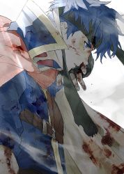 Rule 34 | 07 9l0, 1boy, blood, blood on face, blood on clothes, blue eyes, blue hair, cape, fingerless gloves, fire emblem, fire emblem: path of radiance, from side, gloves, headband, highres, ike (fire emblem), male focus, nintendo, profile, signature, simple background, solo, upper body