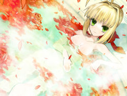 Rule 34 | 10s, 1girl, ahoge, bare shoulders, bath, blonde hair, fate/extra, fate/stay night, fate (series), green eyes, hair intakes, looking at viewer, nero claudius (fate), nero claudius (fate), nero claudius (fate/extra), official art, petals, petals on liquid, rose petals, smile, solo, submerged, type-moon, wada arco