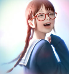 Rule 34 | 1girl, :d, ^ ^, blurry, braid, brown hair, child, closed eyes, depth of field, fang, glasses, happy, laughing, lips, long hair, mole, mole under mouth, mujiha, open mouth, original, realistic, red-framed eyewear, school uniform, sleeves past wrists, smile, solo, twin braids