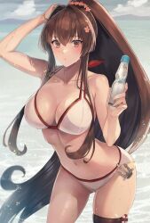 Rule 34 | 1girl, anchor, arm up, bikini, blue sky, bottle, breasts, brown hair, cloud, collarbone, cowboy shot, day, hair intakes, high ponytail, highres, holding, holding bottle, kantai collection, kasumi (skchkko), large breasts, long hair, navel, ocean, official alternate costume, outdoors, parted lips, ramune, red eyes, sidelocks, sky, solo, stomach, swimsuit, thigh strap, very long hair, wet, white bikini, yamato (kancolle)