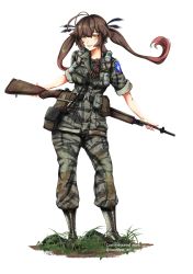 Rule 34 | 1girl, absurdres, alternate costume, antenna hair, arms behind back, battle rifle, black ribbon, boots, breasts, brown eyes, brown hair, camouflage, camouflage pants, camouflage shirt, commentary, commission, cowboy shot, english commentary, full body, girls&#039; frontline, gun, haonfest, highres, m14, m14 (girls&#039; frontline), pants, pants tucked in, pouch, ribbon, rifle, shirt, small breasts, smile, smoke grenade, solo, twintails, weapon, white background