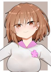 Rule 34 | 1girl, blush, breasts, brown background, brown eyes, brown hair, closed mouth, commentary request, dress, flower, hair between eyes, highres, i.u.y, looking at viewer, medium breasts, misaka worst, pink flower, smile, solo, toaru majutsu no index, two-tone background, upper body, white background, white dress