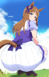 Rule 34 | 1girl, absurdres, animal ears, ass, blush, breasts, brown hair, closed mouth, cloud, commentary request, grass, grass wonder (umamusume), hair ornament, highres, horse ears, horse girl, horse tail, huge ass, looking at viewer, medium breasts, school uniform, sitting, sky, smile, solo, tail, tracen school uniform, umamusume, user evxa5753