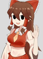 Rule 34 | 1girl, armpit peek, black eyes, bow, breasts, brown hair, collared shirt, commentary request, cookie (touhou), crop top, detached sleeves, dress, empty eyes, frilled bow, frilled hair tubes, frills, grey background, hair between eyes, hair bow, hair tubes, hakurei reimu, highres, long bangs, long hair, looking at viewer, medium breasts, midriff, navel, necktie, noel (cookie), open mouth, pro55h, red bow, red dress, red shirt, red skirt, shirt, sidelocks, simple background, skirt, sleeveless, sleeveless shirt, smile, solo, teeth, touhou, upper body, upper teeth only, waving, white sleeves, wide sleeves, yellow necktie