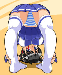 Rule 34 | 1girl, ass, bent over, black hair, blue eyes, blue skirt, contortion, flexible, kneepits, looking through own legs, os-tan, panties, pantyshot, skirt, solo, striped clothes, striped panties, thighhighs, toushi ryoku, underwear, upskirt, white thighhighs, xp-tan