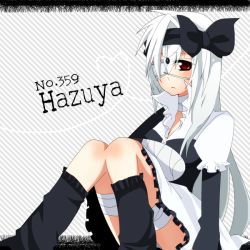 Rule 34 | 1girl, absol, bandages, blush, bow, creatures (company), dress, eyepatch, female focus, frown, game freak, gen 3 pokemon, hair bow, long hair, nintendo, personification, pokemon, red eyes, sitting, solo, white background, white hair