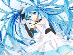 Rule 34 | 1girl, bare shoulders, blue eyes, blue hair, dress, elbow gloves, flower, gloves, hatsune miku, highres, jewelry, kyuri tizu, long hair, matching hair/eyes, necklace, rose, solo, strapless, strapless dress, twintails, very long hair, vocaloid