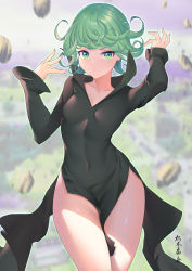 Rule 34 | 1girl, absurdres, arm up, black dress, breasts, collarbone, commentary request, covered navel, cowboy shot, debris, dress, green eyes, green hair, groin, hand up, high collar, highres, looking at viewer, one-punch man, pelvic curtain, short hair, side slit, small breasts, solo, tatsumaki, thighs, translation request, v-shaped eyebrows, xiumu bianzhou