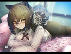 Rule 34 | 1girl, 3 (sanyako1), animal ears, animal hands, arknights, black pantyhose, black shorts, brown hair, commentary, cross tie, ear piercing, flower, freckles, highres, holding, holding flower, letterboxed, long hair, looking at viewer, lying, on bed, on stomach, pantyhose, pantyhose under shorts, parted lips, piercing, ponytail, raccoon ears, raccoon girl, raccoon tail, robin (arknights), shirt, shorts, solo, tail, white flower, white shirt, window, yellow eyes