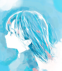 1girl absurdres blue_background blue_eyes blue_hair highres looking_to_the_side medium_hair multicolored_hair nocopyrightgirl original pale_skin solo upper_body