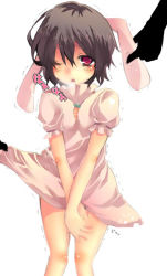 Rule 34 | 1girl, animal ears, bad id, bad pixiv id, black hair, blush, carrot, clothes lift, covering privates, covering crotch, dress, dress lift, female focus, flat chest, inaba tewi, one eye closed, open mouth, pink eyes, pochi-t, poking, rabbit ears, short hair, skirt, skirt lift, solo, tears, touhou, trembling, white background, wink