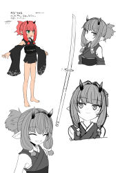 Rule 34 | 1girl, bare legs, barefoot, black kimono, clothing cutout, cropped torso, closed eyes, flat chest, full body, green eyes, grin, highres, horns, japanese clothes, kimono, low twintails, medium hair, multiple views, naginata, obi, oni, oni horns, open mouth, original, partially colored, pink hair, pointy ears, polearm, ponytail, sash, short kimono, short ponytail, shoulder cutout, simple background, sketch, smile, sumiyao (amam), twintails, weapon, white background, wide sleeves