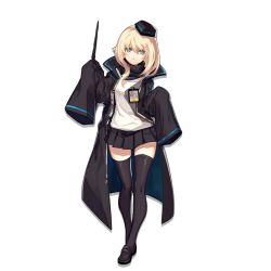 Rule 34 | 1girl, arknights, black coat, black footwear, black hat, black skirt, black thighhighs, blonde hair, blue eyes, breasts, coat, durin (arknights), expressionless, full body, hair between eyes, hat, holding, holding wand, long hair, looking at viewer, mary janes, medium breasts, mini hat, miniskirt, name tag, official art, pleated skirt, pointy ears, popped collar, scarf, shirt, shoes, sidelocks, skade, skirt, sleeves past fingers, sleeves past wrists, solo, standing, straight-on, tachi-e, thighhighs, transparent background, wand, white shirt, zettai ryouiki
