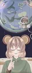 Rule 34 | 2girls, absurdres, animal ears, astronaut, blush, brown eyes, brown hair, capelet, closed eyes, colored skin, commentary request, cookie (touhou), earth (planet), full body, green capelet, grey hair, hair between eyes, hakurei reimu, helmet, highres, index finger raised, looking at viewer, mini person, minigirl, mole, mole under mouth, moon, mouse ears, mouse girl, multiple girls, nazrin, nyon (cookie), open mouth, planet, psychic parrot, sakenomi (cookie), short hair, space, space helmet, touhou, triangle mouth, upper body, white skin