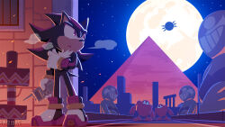Rule 34 | black fur, breath, commentary request, egg pawn, furry, furry male, gloves, holding walkie-talkie, male focus, moon, night, night sky, official art, pyramid (structure), red eyes, robot, shadow the hedgehog, sky, sonic (series), sonic adventure 2, space colony ark, star (sky), statue, uno yuuji, walkie-talkie, white fur, white gloves