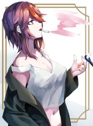 Rule 34 | 1girl, alternate costume, bare shoulders, black coat, breasts, casual, cigarette, cleavage, coat, covered erect nipples, crop top, excella (delltothu), genshin impact, hand up, highres, large breasts, looking up, midriff, multicolored hair, navel, off shoulder, open clothes, open coat, profile, purple eyes, purple hair, rosaria (genshin impact), shirt, sleeveless, sleeveless shirt, smoking, solo, strap slip, streaked hair, tank top, upper body, white shirt