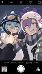 Rule 34 | 2girls, absurdres, alternate costume, animal ears, black sleeves, blue hair, cat ears, cellphone, closed mouth, commentary, couple, dated, english commentary, english text, ganyu (genshin impact), genshin impact, helmet, highres, iphone, jacket, keqing (genshin impact), looking at viewer, multiple girls, open clothes, open jacket, open mouth, phone, purple eyes, purple hair, scarf, selfie, shirt, smartphone, teeth, tomseachi, twitter username, upper teeth only, white shirt