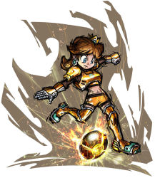 Rule 34 | 1girl, armor, ball, blue eyes, breastplate, brown hair, cleats, clenched hand, crown, earrings, electricity, energy, flipped hair, flower earrings, gauntlets, greaves, jewelry, long hair, mario (series), mario strikers charged, masanori sato, midriff, navel, nintendo, official art, outstretched arm, pauldrons, princess daisy, shorts, shoulder armor, sidelocks, soccer, solo, strikers daisy, super mario land