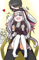 Rule 34 | &gt; &lt;, 2girls, :d, animal ears, bad id, bad pixiv id, black dress, black panties, blush, cat ears, cat tail, chair, clenched hands, closed eyes, commander (girls&#039; frontline), cross, cross necklace, dress, faceless, faceless male, fang, full body, g41 (girls&#039; frontline), garter straps, girls&#039; frontline, gloves, gradient background, habit, hair between eyes, headpat, heart, hetero, highres, jewelry, long hair, long sleeves, multiple girls, necklace, no shoes, notice lines, nun, open mouth, p7 (girls&#039; frontline), panties, pantyshot, pelican (s030), shirt, sitting, sitting on lap, sitting on person, skin fang, smile, tail, tears, thighhighs, underwear, v-shaped eyebrows, white background, white gloves, white shirt, white thighhighs, xd, yellow background