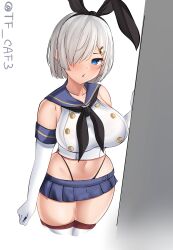 Rule 34 | 1girl, absurdres, black hairband, black neckerchief, black panties, blue eyes, blue sailor collar, blue skirt, blush, breasts, cosplay, crop top, elbow gloves, gloves, grey hair, hair between eyes, hair ornament, hair over one eye, hairband, hairclip, hamakaze (kancolle), highleg, highleg panties, highres, kantai collection, large breasts, looking at viewer, microskirt, navel, neckerchief, panties, sailor collar, shimakaze (kancolle), shimakaze (kancolle) (cosplay), skirt, solo, striped clothes, striped thighhighs, tf cafe, thighhighs, thong, twitter username, underwear, white background, white gloves