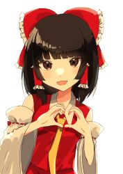 Rule 34 | 07 nagii, 1girl, :d, bare shoulders, blunt bangs, bow, brown eyes, detached sleeves, hair bow, hair tubes, hakurei reimu, hands up, heart, heart hands, highres, medium hair, open mouth, red bow, simple background, smile, solo, touhou, white background, wide sleeves