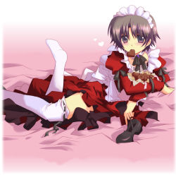 Rule 34 | 1boy, amano, apron, brown eyes, brown hair, candy, chocolate, crossdressing, dress, food, heart, little busters!, maid, maid apron, male focus, naoe riki, red dress, shoes, single shoe, solo, thighhighs, trap, valentine, white thighhighs