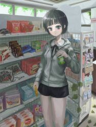 Rule 34 | 1girl, absurdres, black eyes, black hair, black shorts, bob cut, candy, convenience store, food, grey hoodie, highres, holding, holding candy, holding food, hood, hoodie, jewelry, necklace, okura lino, original, scenery, shirt, shop, short hair, shorts, solo, white shirt, window