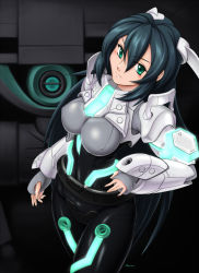 Rule 34 | 1girl, black hair, covered erect nipples, doll joints, green eyes, gundam, gundam build divers, gundam build divers re:rise, gunpla, hair between eyes, joints, long hair, looking down, looking to the side, maro-n, may (gundam build divers re:rise), mecha, mecha musume, model kit, robot, wodom pod