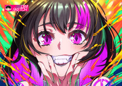 Rule 34 | 1girl, artist name, black hair, body markings, commission, commissioner upload, dwisketch, fangs, fingernails, hand on own face, highres, looking at viewer, multicolored background, multicolored hair, non-web source, original, portrait, purple hair, shoko the alien, solo, teeth, watermark