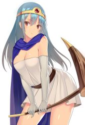 Rule 34 | 1girl, aqua hair, breasts, cane, cape, circlet, cleavage, dragon quest, dragon quest iii, dress, elbow gloves, female focus, gloves, holding, kureha (ironika), large breasts, leaning forward, long hair, looking at viewer, red eyes, sage (dq3), simple background, skirt, solo, strapless, strapless dress, tunic, white background, white dress, white gloves