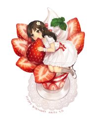 Rule 34 | 10s, 1girl, braid, brown eyes, brown hair, character name, choker, cup, dated, doily, dress, flower, food, french braid, fruit, grey socks, hair flower, hair ornament, half updo, happy birthday, holding, holding food, ice cream, idolmaster, idolmaster cinderella girls, in food, kneehighs, leaning forward, long hair, looking at viewer, mini person, minigirl, mint, open mouth, oversized food, oversized object, parfait, ribbon choker, sash, scrunchie, sha (isago), shoes, socks, solo, strawberry, sundae, tachibana arisu, whipped cream, white background, white dress, white footwear, wrist scrunchie