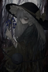 Rule 34 | 1girl, :/, absurdres, bags under eyes, bandages, black dress, black hat, blood, bloody bandages, blouse, bow, closed mouth, dress, eyeball, flower, forest, frilled hat, frills, green eyes, grey hair, hair between eyes, hair over one eye, hat, hat bow, hat ribbon, highres, holding, holding flower, komeiji koishi, light frown, long hair, long sleeves, looking at viewer, loose bandages, medium hair, messy hair, nature, pale skin, reverinth, ribbon, shirt, solo, sun hat, third eye, touhou, yellow bow, yellow ribbon, yellow shirt