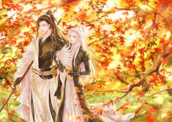 Rule 34 | 1boy, 1girl, absurdres, autumn leaves, bad id, bad pixiv id, black gloves, brown hair, chinese clothes, day, dragon print, facial mark, feather fan, fingerless gloves, forehead mark, gloves, grass, highres, holding, holding staff, huge filesize, long hair, official art, outdoors, ponytail, smile, staff, standing, very long hair, watermark, white hair, yujan nishui han