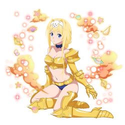 Rule 34 | 1girl, alice zuberg, armor, armored boots, bikini, bikini armor, bikini bottom only, blonde hair, blue bikini, blue eyes, blush, boots, breasts, choker, cleavage, collarbone, full body, gauntlets, groin, hair intakes, hairband, highres, knee boots, long hair, medium breasts, midriff, navel, official art, parted lips, pauldrons, ponytail, shoulder armor, sidelocks, solo, sparkle, stomach, strapless, swimsuit, sword art online, transparent background, very long hair, white hairband, yellow footwear