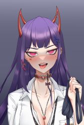 Rule 34 | absurdres, akuma nihmune, akuma nihmune (1st costume), blunt bangs, blush, breast pocket, breasts, cleavage, collar, collarbone, collared shirt, commentary, ear piercing, earrings, english commentary, facial tattoo, hair ornament, hairclip, heart, heart tattoo, highres, horns, indie virtual youtuber, jewelry, large breasts, leash, lips, long hair, looking at viewer, loose necktie, mole, mole under eye, multiple piercings, necklace, necktie, neon luminous, open mouth, piercing, pink eyes, pocket, red collar, red horns, shirt, signature, tattoo, teeth, tongue, tongue out, upper body, upper teeth only, virtual youtuber, white shirt