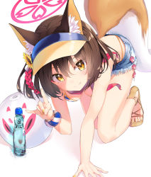Rule 34 | 1girl, animal ears, ball, bikini, black hair, blue archive, commentary request, fox ears, fox shadow puppet, fox tail, halo, highres, izuna (blue archive), izuna (swimsuit) (blue archive), looking at viewer, medium hair, minase yuki, ramune, sandals, short shorts, shorts, simple background, smile, solo, swimsuit, tail, visor cap, volleyball (object), white background, yellow eyes