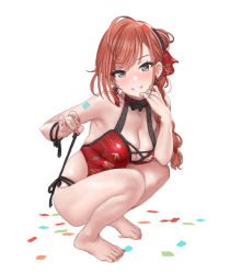 Rule 34 | 1girl, arisugawa natsuha, bare legs, bare shoulders, barefoot, black bow, blush, bow, braid, braided ponytail, breasts, cleavage, collarbone, confetti, cowlick, cross-laced clothes, cross-laced one-piece swimsuit, earrings, floral print, grey eyes, hair bun, hair over shoulder, halterneck, hamedoragon, head rest, idolmaster, idolmaster shiny colors, jewelry, looking at viewer, medium breasts, nail polish, one-piece swimsuit, orange hair, ponytail, red one-piece swimsuit, side-tie swimsuit, simple background, single hair bun, smile, solo, squatting, string pull, swimsuit, toenail polish, toenails, toes, white background, wristband