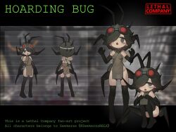 Rule 34 | arthropod girl, arthropod limbs, bag, black thighhighs, bottomless, breasts, copyright name, english text, fangs, goggles, goggles on head, grey eyes, hair over one eye, highres, hoarding bug (lethal company), humanization, insect wings, kamitoge supino, lethal company, no pants, red goggles, satchel, small breasts, thighhighs, twitter username, wings
