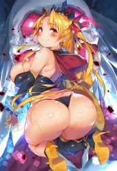 Rule 34 | 1girl, alternate breast size, ass, asymmetrical legwear, asymmetrical sleeves, back, bare shoulders, bikini, bikini bottom only, black bikini, black legwear, blonde hair, blush, breasts, cape, closed mouth, detached collar, earrings, ereshkigal (fate), fate/grand order, fate (series), gold trim, high heels, hoop earrings, huge ass, jewelry, large breasts, long hair, looking at viewer, looking back, parted bangs, red cape, red eyes, single sleeve, skull, smile, solo, sugihara (sugihara2000), swimsuit, thighs, tiara, two side up, uneven legwear, uneven sleeves, very long hair