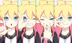Rule 34 | 1boy, :&gt;, bad id, bad pixiv id, blonde hair, blue eyes, blush, boruto: naruto the movie, collage, gesture, grin, jewelry, male focus, multiple views, naruto, naruto (series), necklace, nipye, one eye closed, open mouth, short hair, smile, uzumaki boruto, v