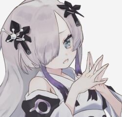 Rule 34 | 1girl, adapted costume, cevio, cropped, detached sleeves, grey eyes, grey hair, hair over one eye, hands up, head tilt, japanese clothes, kamitsubaki studio, kimono, long hair, long sleeves, looking at viewer, multicolored hair, one eye covered, open mouth, own hands together, purple hair, sekai (cevio), simple background, sleeveless, sleeveless kimono, solo, steepled fingers, streaked hair, suminagashi (cevio), taka (takaminepe), underbust, upper body, white background, white kimono, white sleeves