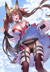 Rule 34 | absurdres, bare shoulders, black panties, blue eyes, blush, breasts, brown hair, bursting breasts, caleen keemosn, cameltoe, choker, clothes lift, commission, detached sleeves, embarrassed, fox ears, fox girl, fox tail, garter belt, garter straps, hair ribbon, highres, japanese clothes, large breasts, long hair, miko, multiple tails, open mouth, panties, ribbon, runes, skirt, skirt lift, star ocean, star ocean anamnesis, sweat, tail, thighhighs, twintails, underwear, very long hair, wind, ycco (estrella)