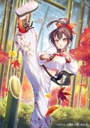 Rule 34 | 1girl, autumn leaves, bamboo, bamboo forest, belt, black belt, black footwear, breasts, brown eyes, brown hair, character request, commentary request, copyright notice, day, forest, hair between eyes, hair ribbon, high kick, kicking, leaf, leg up, maple leaf, medium breasts, midriff peek, momoshiki tsubaki, nature, navel, official art, open mouth, outdoors, pants, ponytail, puffy pants, red ribbon, ribbon, sangokushi taisen, shirt, shoe soles, solo, sparkle, standing, standing on one leg, v-shaped eyebrows, white pants, white shirt