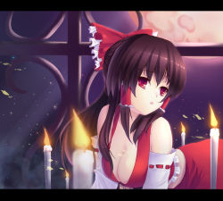 Rule 34 | 1girl, bad id, bad pixiv id, bare shoulders, breasts, brown hair, candle, cleavage, detached sleeves, female focus, full moon, hair ornament, hair ribbon, hakurei reimu, japanese clothes, large breasts, letterboxed, lips, long hair, miko, moon, purple theme, red eyes, red moon, ribbon, sad, solo, touhou, window, yuki (rose snow)